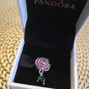 Pandora Silver Bracelet with Pink and Green Rose Charm